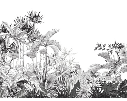 Papier peint panoramique intissé 688153 Tropical House jungle noir blanc 8 parties 300 x 400 cm