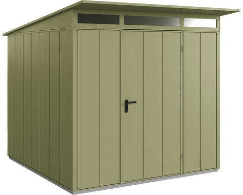 Abri de jardin Hörmann EcoStar Elegant avec profilé de cadre de sol en alu M984, type 2, RAL6013 porte à un vantail 247,9 x 283,4 cm vert jonc