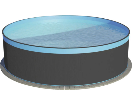 Kit de piscine hors sol à paroi en acier Planet Pool ronde Ø 350 x 90 cm avec système de filtration, échelle, skimmer, balles de filtration & flexible de raccordement anthracite avec film de recouvrement bleu