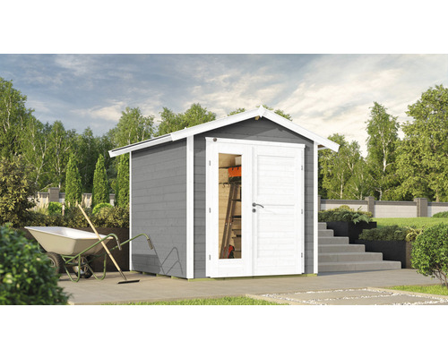 Gartenhaus weka 224 A Gr. 1 inkl. Fußboden 260 x 233 cm grau Grauer Geräteschuppen mit Doppeltür in einem Garten