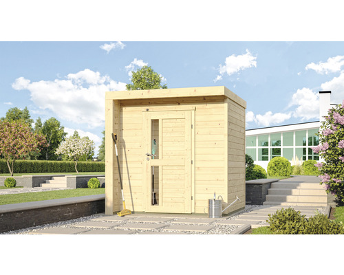 Gartenhaus weka 262 C inkl. Fußboden 216 x 215 cm natur Gartenszene mit Gerätehaus aus Holz, Gartengeräte und Giesskanne