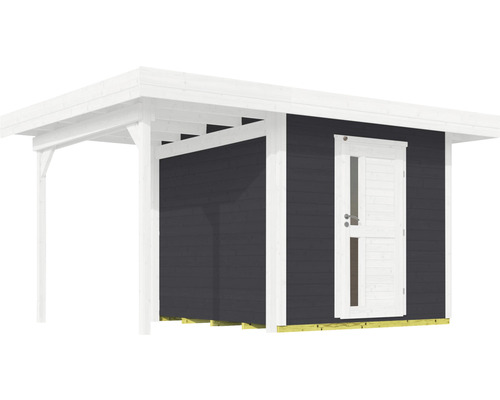 Abri de jardin en bois avec terrasse couverte et porte