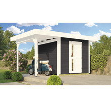 Garage en bois avec débarras et scooter dans le jardin