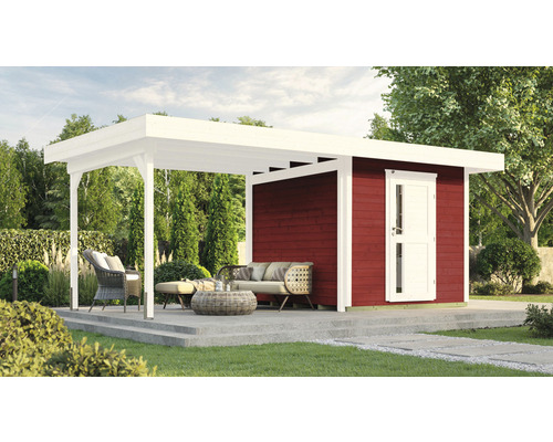 Abri de jardin weka DH 172 B taille 2 avec plancher 575 x 375 cm rouge Abri de jardin avec terrasse couverte et mobilier de jardin sur une pelouse
