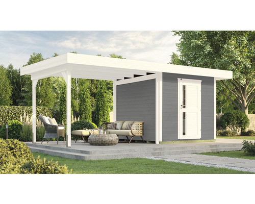 Abri de jardin weka DH 172 B taille 2 avec plancher 575 x 375 cm gris Abri de jardin avec terrasse couverte et mobilier de jardin à l''extérieur