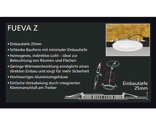 Fueva Z Deckeneinbaustrahler Details mit Einbautiefe, Bauform, Licht und Verkabelung