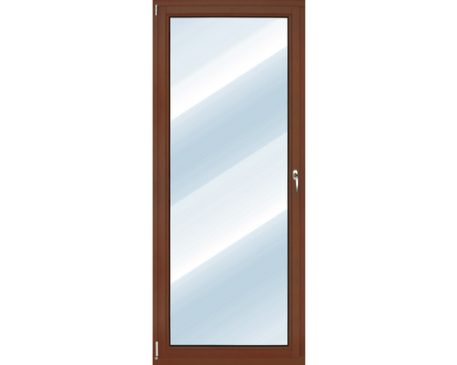 Rechteckiges Fenster mit braunem Rahmen und Griff