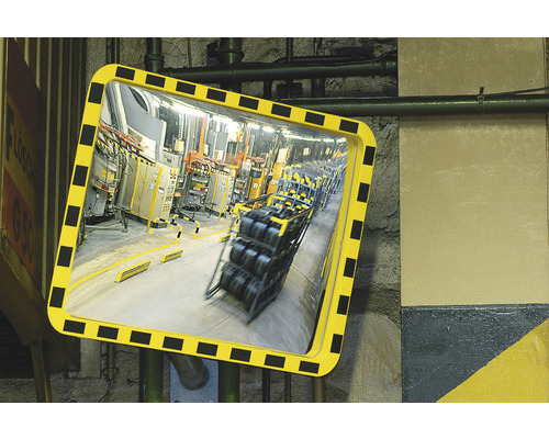 Miroir industriel G 2 en verre acrylique résistant aux chocs avec cadre noir-jaune rectangulaire 60 x 80 cm