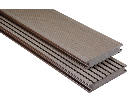 Lame de terrasse Konsta en bois composite Masivo profilé plein brossé 26x145 mm (au mètre à partir de 1000 mm jusqu'à 6000 mm max.) marron foncé