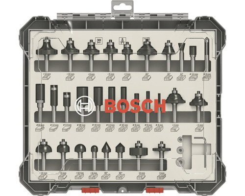 Ensemble Fraise à chanfreiner avec roulements Fraise à défoncer Fraise arrondie Fraise-disque Fraise à chanfreiner avec roulements avec coin Fraise à canneler Bosch Professional Carbide 30 pces-0