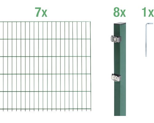 Kit de panneaux rigides double fil ALBERTS type 6/5/6 1400 x 140 cm vert Sept éléments de clôture, huit poteaux de clôture et une clé à vis