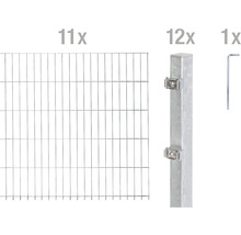 Onze panneaux de grillage rigide, douze poteaux de clôture et une clé pour la construction de clôture