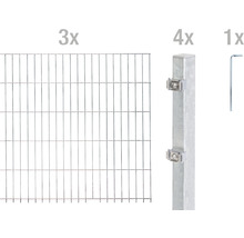 Trois éléments de clôture, quatre poteaux de clôture et une clé pour la construction de clôtures