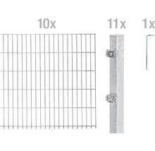 Kit de clôture comprenant dix panneaux grillagés, onze poteaux et une clé à vis