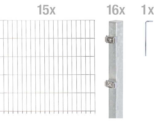 Kit de panneaux rigides double fil ALBERTS type 6/5/6 3000 x 100 cm galvanisé à chaud Kit complet pour clôture en treillis métallique double avec éléments de clôture, poteaux et outils