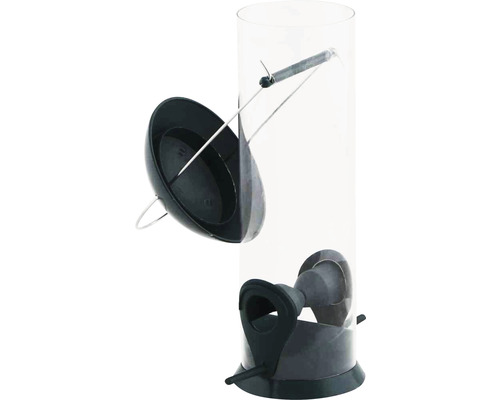 Mangeoire à oiseaux avec récipient transparent et couvercle ouvert