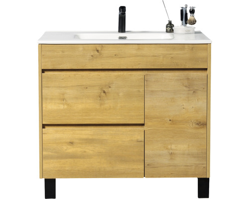 Waschtisch mit Unterschrank Differnz Sofi BxHxT 80 x 72 cm x 46 cm Frontfarbe eiche Waschtischunterschrank mit Waschbecken und zwei Schubladen