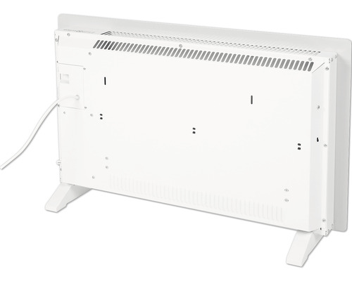 Rückansicht einer elektrischen Heizung mit Füßen.