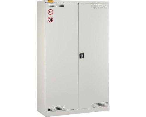 Stahlschrank mit zwei Türen, Warnhinweisen und Belüftungslöchern