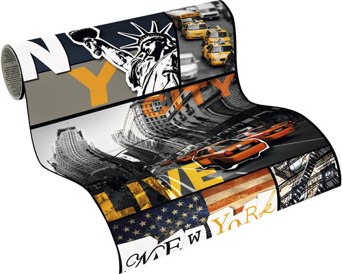 Rouleau de papier peint avec des motifs de New York, y compris la Statue de la Liberté, des taxis et le drapeau américain.