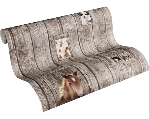 Rouleau de papier peint aspect planches de bois et images d''animaux