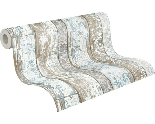 Tapetenrolle mit Holzplankenoptik und Blumenmuster