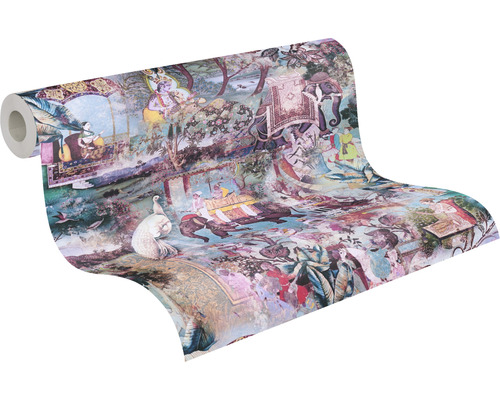 Rouleau de papier peint avec des motifs indiens tels que des éléphants et des paons