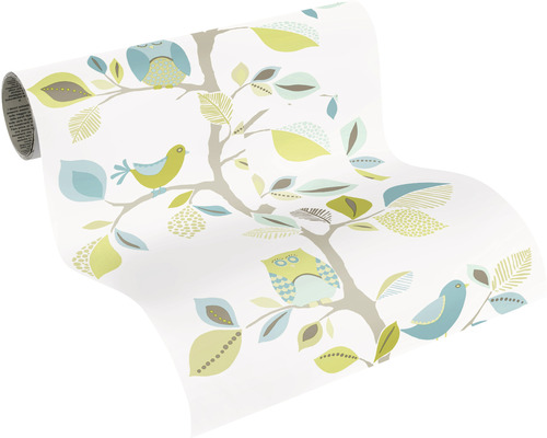 Tapetenrolle mit Vogel- und Eulenmuster auf einem Baum