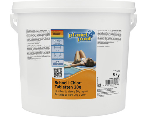 Pastilles de chloration rapide pour piscine Planet Pool 5 kg Seau de pastilles de chlore Planet Pool à dissolution rapide, 20 grammes, 5 kilogrammes