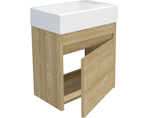 Waschtischunterschrank mit offenstehender Tür und Keramikwaschbecken