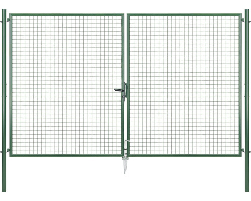 Portillon double en grillage ondulé ALBERTS 304,4 x 200 cm y compris poteaux 7,6 x 7,6 cm zingué vert