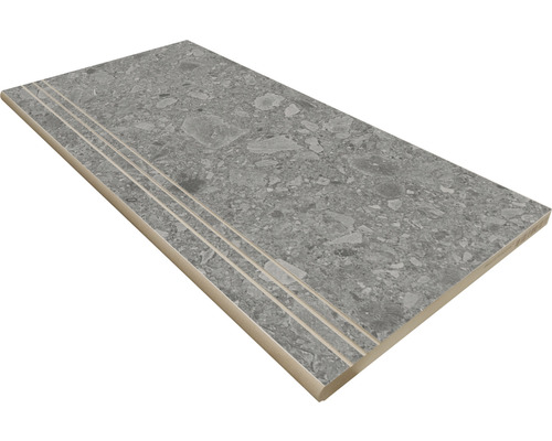 Poolumrandung Beckenrandstein Donau Grau Rund 3 Rillen 30 cm x 60 cm Graue Treppenfliese mit drei Rillen
