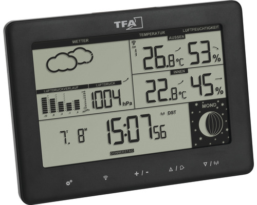 Station météo TFA noire avec affichage de la température, de l''humidité et de la phase lunaire