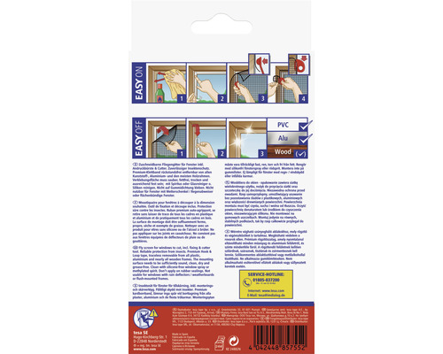 Moustiquaire Tesa pour fenêtres avec instructions de montage et informations sur les matériaux.