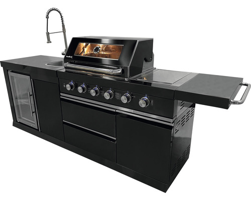 Cuisine de grillade noire complète avec évier, réfrigérateur, plaque de cuisson et grill