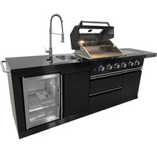 Cuisine d''extérieur noire avec évier, réfrigérateur et barbecue