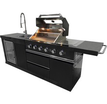 Cuisine d''extérieur noire avec barbecue, évier, réfrigérateur et plan de travail