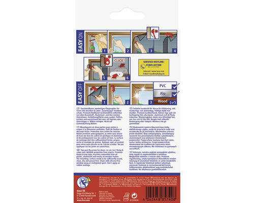 Verpackung einer zweigeteilten Fliegengittertür mit Anbringungsanleitung