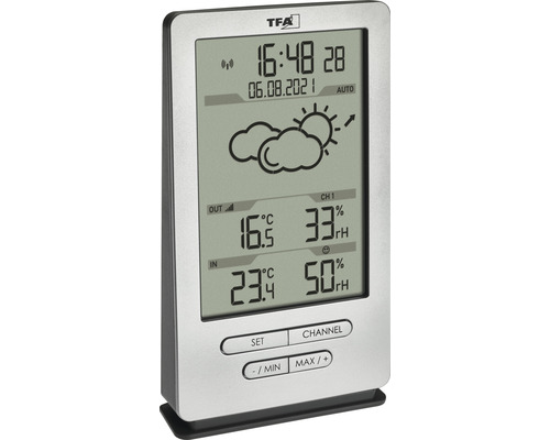 Station météo TFA avec affichage de l''heure, de la date, de la température et de l''humidité