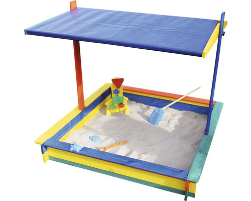 Bac à sable avec toit de protection solaire et jouets
