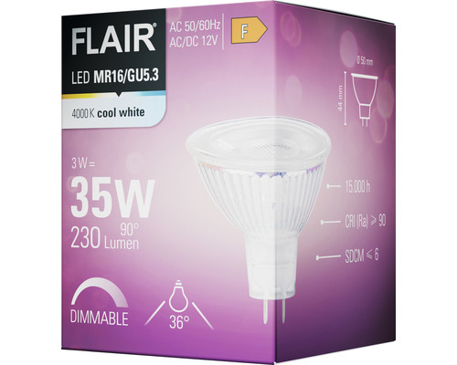 Ampoule réflecteur LED FLAIR à intensité lumineuse variable MR16 GU5.3/3W(22W)  230 lm 2700 K blanc chaud transparent 36° 12V - HORNBACH Luxembourg