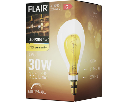Verpackung einer Flair LED Lampe PS150 E27, 4 Watt, 2700 Kelvin warmweiß, nicht dimmbar