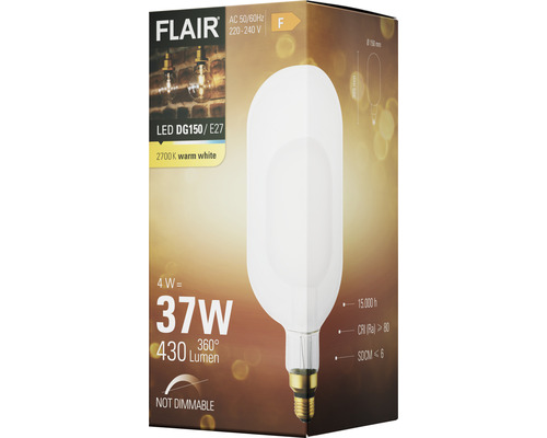 Emballage d''une lampe LED Flair DG150/E27 non dimmable de 4 watts, équivalent à 37 watts et 430 lumens