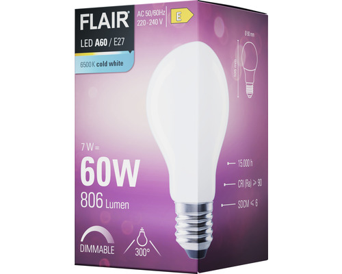 Emballage d''une lampe LED dimmable Flair A60 E27 de 7 watts, équivalant à 60 watts et produisant 806 lumens