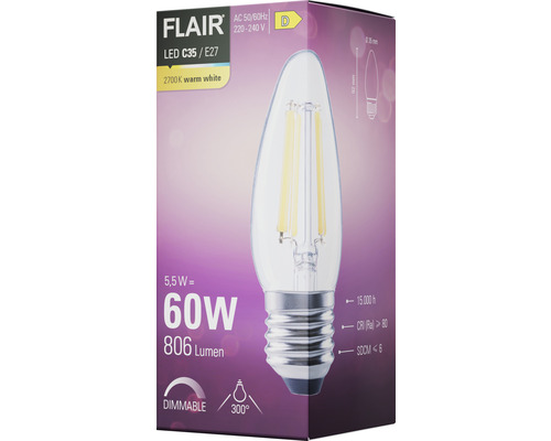 Lampe LED Flair C35 E27, 5,5 watts, équivalent à 60 watts, 806 lumens
