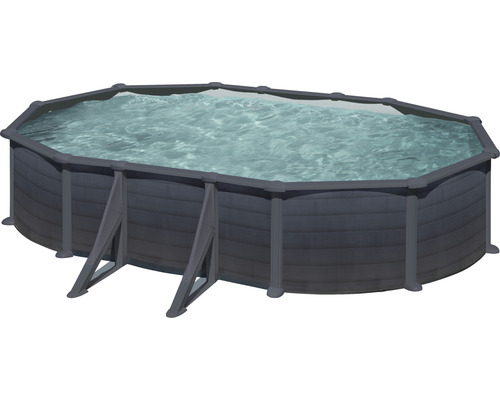 Ensemble de piscine hors sol à paroi en acier Gre ovale 634x575x132 cm avec groupe de filtration à sable, skimmer, échelle, sable de filtration et intissé de protection du sol gris