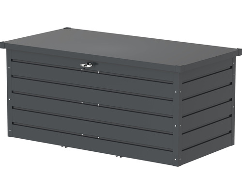 Graue Gartenbox aus Metall mit abschließbarem Deckel zur Aufbewahrung