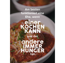Une portion de spaghettis avec sauce tomate et boulettes de viande avec le texte : Un mariage fonctionne mieux si l''un sait cuisiner et l''autre a toujours faim.