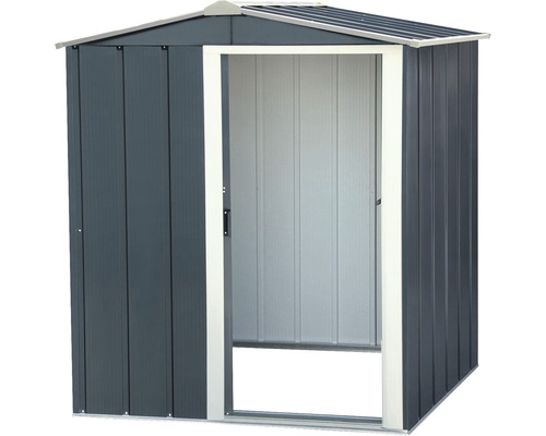 Abri de jardin en métal avec porte ouverte pour ranger les outils de jardin
