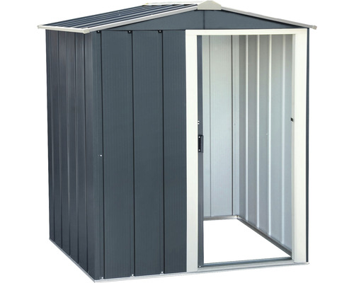 Abri de jardin métallique avec porte ouverte